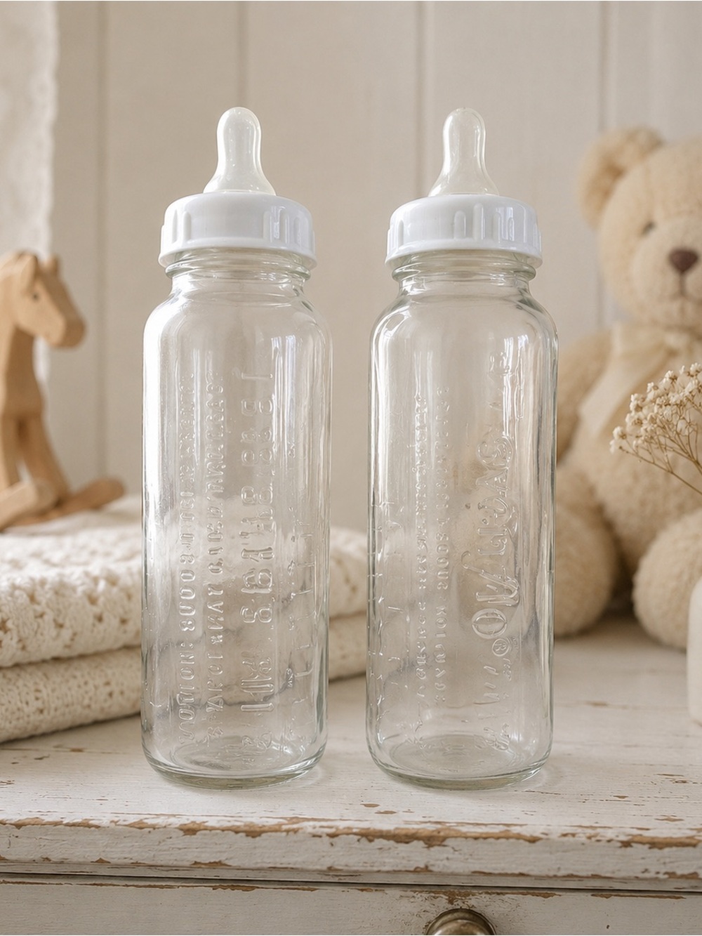 Vintage Evenflo Glass Baby Bottles Set of 2 Clear 8 oz White Caps Nursery Decor